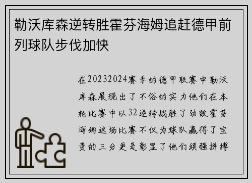勒沃库森逆转胜霍芬海姆追赶德甲前列球队步伐加快